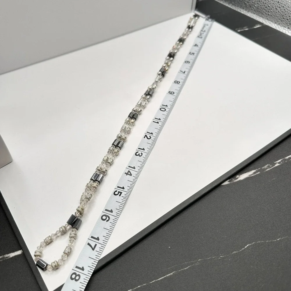 Vintage‎ 90s Silver Tone Clear Glass & Hematite Beaded Necklace Women's Jewelry